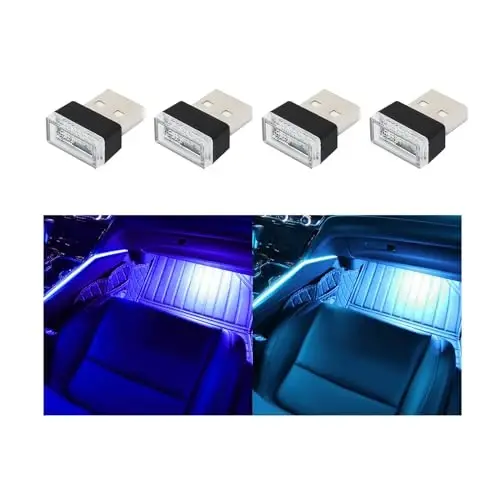 Augeny 4 dona USB LED avtomobil ichki atmosfera lampasi, Plug-in USB dekorativ tungi chiroq, Portativ avto muhit yoritish to'plami, Ko'pgina avtomobillar uchun universal avtomobil ichki aksessuarlari (ko'k va muz ko'k) 