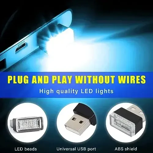 Augeny 4 dona USB LED avtomobil ichki atmosfera lampasi, Plug-in USB dekorativ tungi chiroq, Portativ avto muhit yoritish to'plami, Ko'pgina avtomobillar uchun universal avtomobil ichki aksessuarlari (ko'k va muz ko'k) - 3