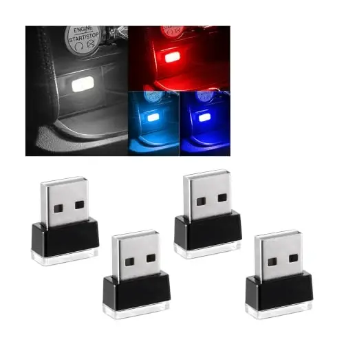 Augeny 4 dona USB LED avtomobil ichki atmosfera lampasi, Plug-in USB dekorativ tungi chiroq, Portativ avto muhit yoritish to'plami, Ko'pgina avtomobillar uchun universal transport vositasi ichki aksessuarlari (Oq+Qizil+Ko'k+Moviy muz) 