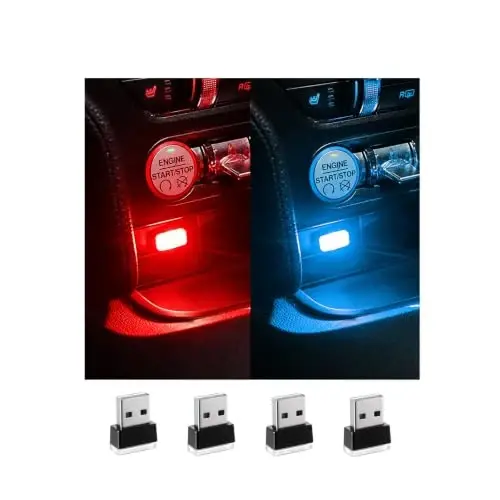 Augeny 4 dona USB LED avtomobil ichki atmosfera lampasi, ulanadigan USB dekorativ tungi chiroq, portativ avto muhit yoritish to'plami, ko'pchilik avtomobillar uchun universal avtomobil ichki aksessuarlari (2 qizil+2 muz ko'k) 
