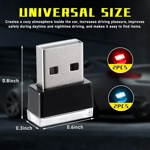 Augeny 4 dona USB LED avtomobil ichki atmosfera lampasi, ulanadigan USB dekorativ tungi chiroq, portativ avto muhit yoritish to'plami, ko'pchilik avtomobillar uchun universal avtomobil ichki aksessuarlari (2 qizil+2 muz ko'k) - AUGENY (1)