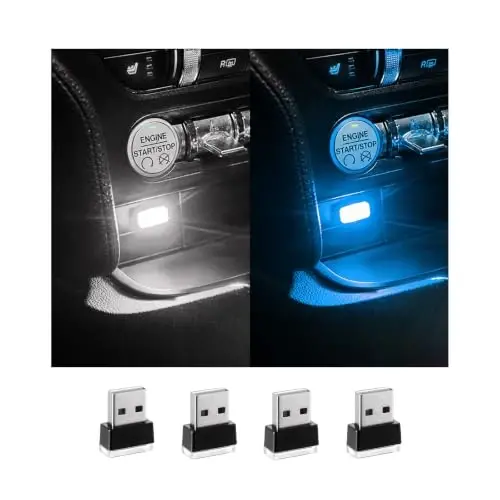 Augeny 4 dona USB LED avtomobil ichki atmosfera lampasi, ulanadigan USB dekorativ tungi chiroq, portativ avto muhit yoritish to'plami, ko'pchilik avtomobillar uchun universal avtomobil ichki aksessuarlari (oq va muz ko'k) 