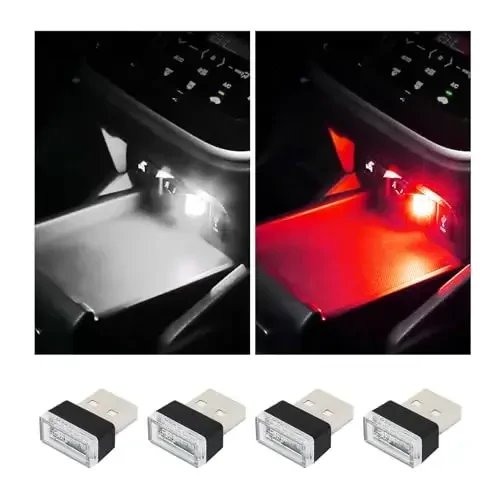 Augeny 4 dona USB LED avtomobil ichki atmosfera lampasi, ulanadigan USB dekorativ tungi chiroq, portativ avto muhit yoritish to'plami, ko'pchilik avtomobillar uchun universal avtomobil ichki aksessuarlari (oq va qizil) 