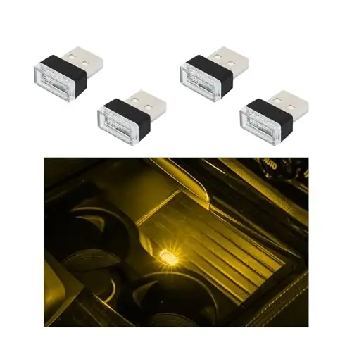 Augeny 4 dona USB LED avtomobil ichki atmosfera lampasi, ulanadigan USB dekorativ tungi chiroq, portativ avto muhit yoritish to'plami, ko'pchilik avtomobillar uchun universal avtomobil ichki aksessuarlari (sariq) 
