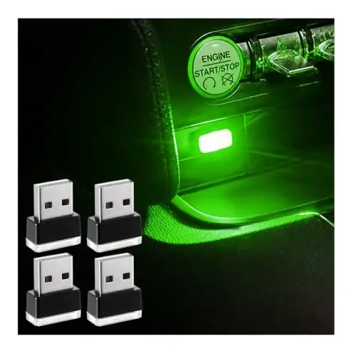 Augeny 4 dona USB LED Avtomobil Salonining Atmosfera Lampasi, Ulanadigan USB Dekorativ Tungi Chiroq, Portativ Avto Ambiyans Yoritish Komplekti, Ko'pchilik Avtomobillar uchun Universal Avtomobil Ichki Aksessuarlari (Yashil) 