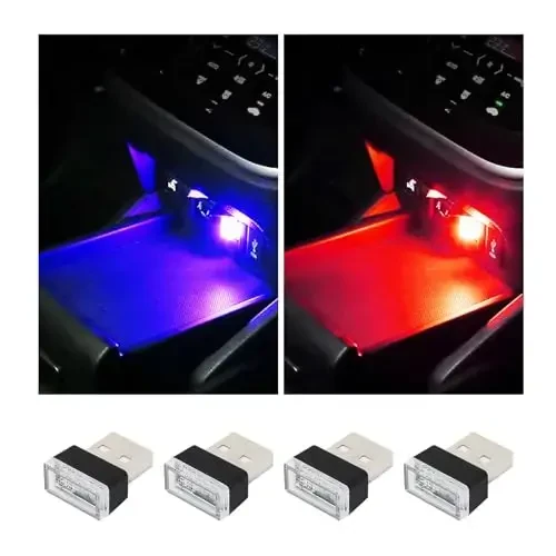 Augeny 4 PCS USB LED Avtomobil Ichki Atmosfera Lampasi, Plug-in USB Dekor Tungi Chiroq, Portativ Avto Ambient Yorug'lik Komplekti, Ko'pgina Avtomobillar uchun Universal Transport vositasi Ichki Aksessuarlari (Qizil & Moviy) - 1