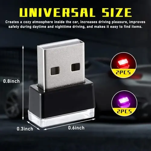 Augeny 4 PCS USB LED Car Interior Atmosphere Lamp, Plug-in USB Decor Night Light, Portable Auto Ambient Lighting Kit, Universal Vehicle Interior Accessories for Most Cars (2 Red+2 Purple) - 2