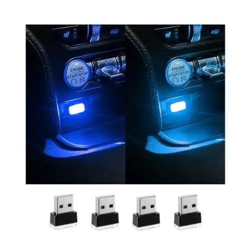 Augeny 4 PCS USB LED Car Interior Atmosphere Lamp, Plug-in USB Decor Night Light, Portable Auto Ambient Lighting Kit, Universal Vehicle Interior Accessories for Most Cars (Blue & Ice Blue) 
