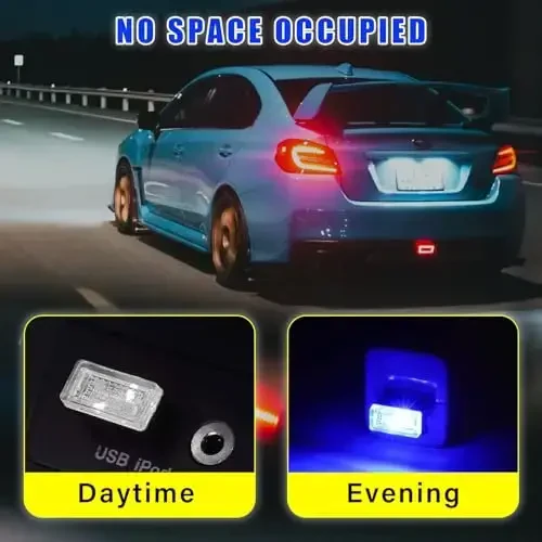 Augeny 4 PCS USB LED Car Interior Atmosphere Lamp, Plug-in USB Decor Night Light, Portable Auto Ambient Lighting Kit, Universal Vehicle Interior Accessories for Most Cars (Blue & Ice Blue) - 4