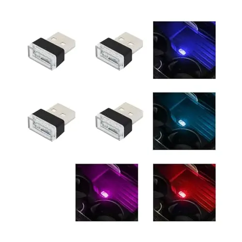 Augeny 4 PCS USB LED Car Interior Atmosphere Lamp, Plug-in USB Decor Night Light, Portable Auto Ambient Lighting Kit, Universal Vehicle Interior Accessories for Most Cars (Blue+Ice Blue+Red+Purple) - AUGENY