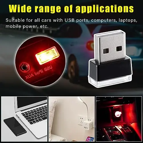 Augeny 4 PCS USB LED Car Interior Atmosphere Lamp, Plug-in USB Decor Night Light, Portable Auto Ambient Lighting Kit, Universal Vehicle Interior Accessories for Most Cars (Red) - 2