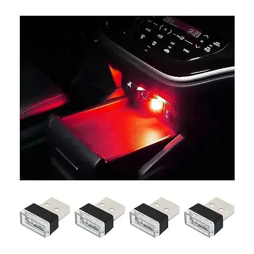 Augeny 4 PCS USB LED Car Interior Atmosphere Lamp, Plug-in USB Decor Night Light, Portable Auto Ambient Lighting Kit, Universal Vehicle Interior Accessories for Most Cars (Red) - 1