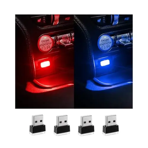Augeny 4 PCS USB LED Car Interior Atmosphere Lamp, Plug-in USB Decor Night Light, Portable Auto Ambient Lighting Kit, Universal Vehicle Interior Accessories for Most Cars (Red & Blue) - 1