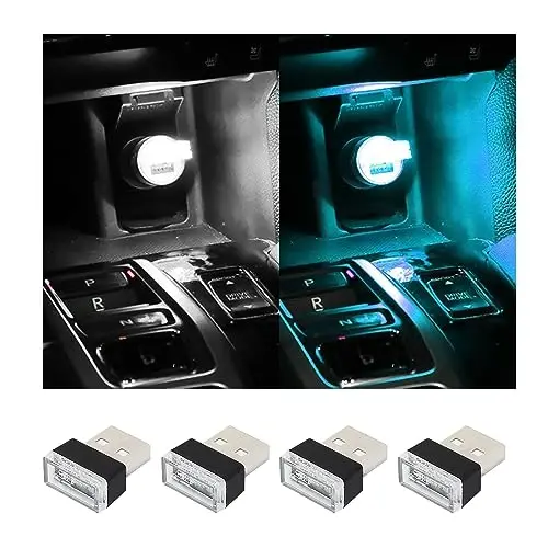 Augeny 4 PCS USB LED Car Interior Atmosphere Lamp, Plug-in USB Decor Night Light, Portable Auto Ambient Lighting Kit, Universal Vehicle Interior Accessories for Most Cars (White & Ice Blue) - AUGENY