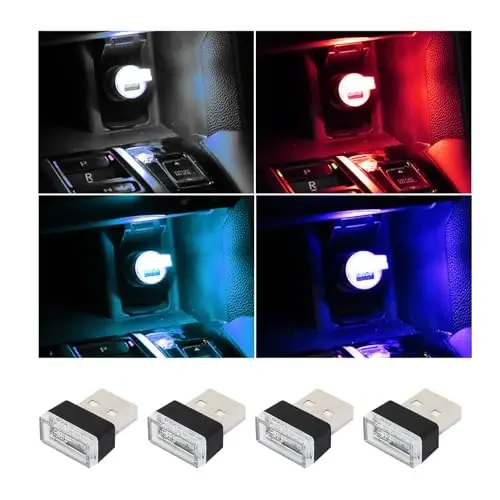 Augeny 4 PCS USB LED Car Interior Atmosphere Lamp, Plug-in USB Decor Night Light, Portable Auto Ambient Lighting Kit, Universal Vehicle Interior Accessories for Most Cars (White+Red+Blue+Ice Blue) - 1