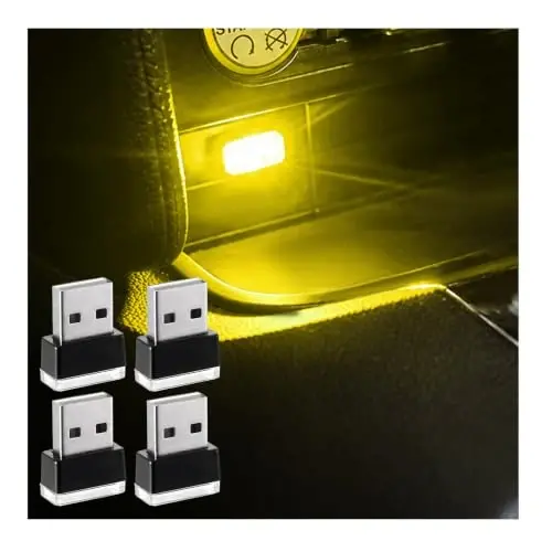 Augeny 4 PCS USB LED Car Interior Atmosphere Lamp, Plug-in USB Decor Night Light, Portable Auto Ambient Lighting Kit, Universal Vehicle Interior Accessories for Most Cars (Yellow) 