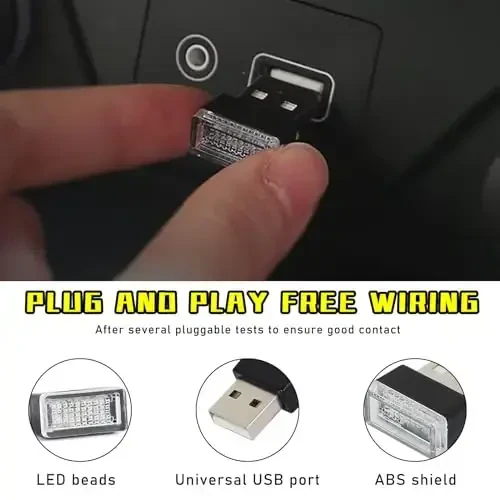 Augeny 4 PCS USB LED Car Interior Atmosphere Lamp, Plug-in USB Decor Night Light, Portable Auto Ambient Lighting Kit, Universal Vehicle Interior Accessories for Most Cars (Yellow) - 3