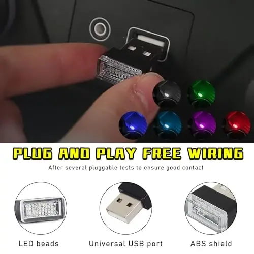 Augeny 6 PCS USB LED Car Interior Atmosphere Lamp, Plug-in USB Decor Night Light, Portable Auto Ambient Lighting Kit, Universal Vehicle Interior Accessories for Most Cars (6 Colors) - 3