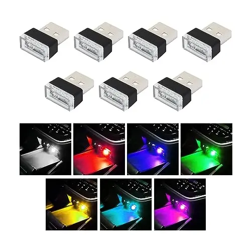 Augeny 7 PCS USB LED Car Interior Atmosphere Lamp, Plug-in USB Decor Night Light, Portable Auto Ambient Lighting Kit, Universal Vehicle Interior Accessories for Most Cars (Multi-Color) - AUGENY