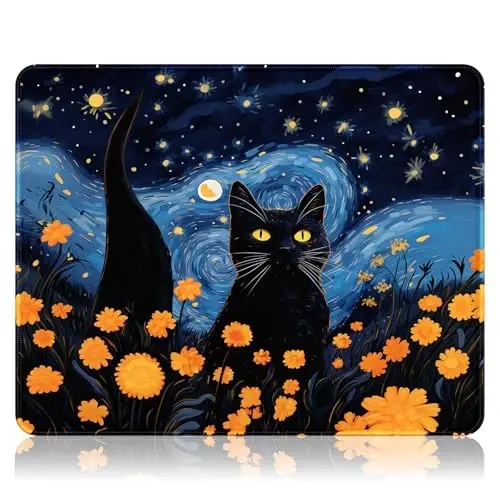 Auhoahsil Mouse Pad, 12 x 10 in Van Gogh Style Cat Theme Computer Mouse Pad for Desk, Premium-Textured Non-Slip Rubber Stitched Edges Waterproof Square Mouse Mat for Gaming Work Wireless Mice 
