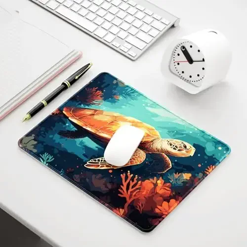 Auhoahsil Mouse Pad, 12 x 10 in Animals Theme Computer Mouse Pad for Desk, Premium-Textured Non-Slip Rubber Stitched Edges Waterproof Square Mouse Mat for Gaming Work Wireless Mice, Coral & Turtle - 7
