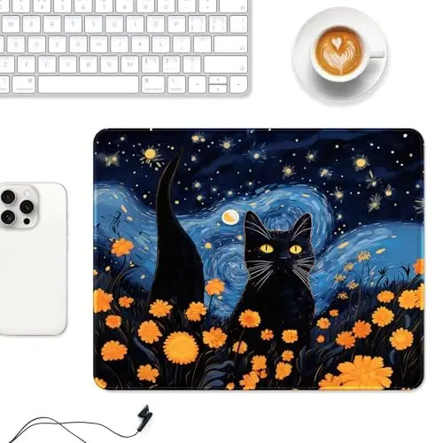 Auhoahsil Mouse Pad, 12 x 10 dyuym Van Gogh uslubidagi mushuk mavzusidagi kompyuter sichqonchasi, stol uchun yuqori sifatli to'qimali sirpanmaydigan rezina tikilgan qirralari suv o'tkazmaydigan kvadrat sichqoncha o'yini uchun simsiz sichqonlar - AUHOAHSIL (1)