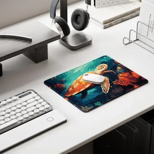 Auhoahsil Mouse Pad, 12 x 10 in Animals Theme Computer Mouse Pad for Desk, Premium-Textured Non-Slip Rubber Stitched Edges Waterproof Square Mouse Mat for Gaming Work Wireless Mice, Coral & Turtle - 6