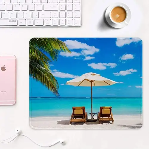 Auhoahsil Mouse Pad, 12 x 10 in Beach Theme Computer Mouse Pad for Desk, Premium-Textured Non-Slip Rubber Stitched Edges Waterproof Square Mouse Mat for Gaming Work Wireless Mice, Blue - 2