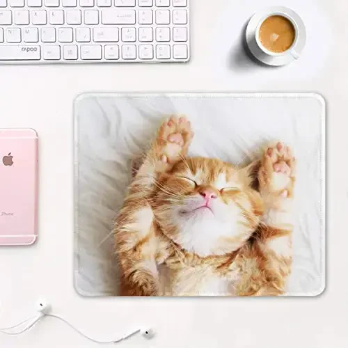 Auhoahsil Mouse Pad, 12 x 10 in Cute Cat Theme Computer Mouse Pad for Desk, Premium-Textured Non-Slip Rubber Stitched Edges Waterproof Square Mouse Mat for Gaming Work Wireless Mice, White - 2