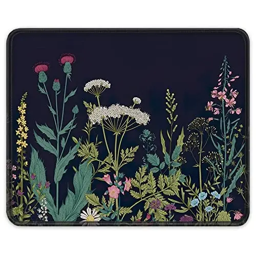 Auhoahsil Mouse Pad, 12 x 10 in Flower Theme Computer Mouse Pad for Desk, Premium-Textured Non-Slip Rubber Stitched Edges Waterproof Square Mouse Mat for Gaming Work Wireless Mice, Black 