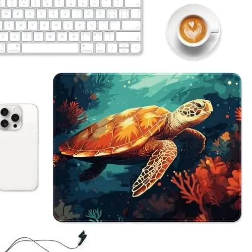 Auhoahsil Mouse Pad, 12 x 10 in Animals Theme Computer Mouse Pad for Desk, Premium-Textured Non-Slip Rubber Stitched Edges Waterproof Square Mouse Mat for Gaming Work Wireless Mice, Coral & Turtle - 2