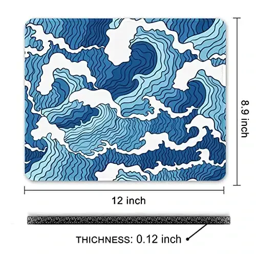Auhoahsil Mouse Pad, 12 x 10 in Japanese Style Wave Computer Mouse Pad for Desk, Premium-Textured Non-Slip Rubber Stitched Edges Waterproof Square Mouse Mat for Gaming Work Wireless Mice, Blue - 7