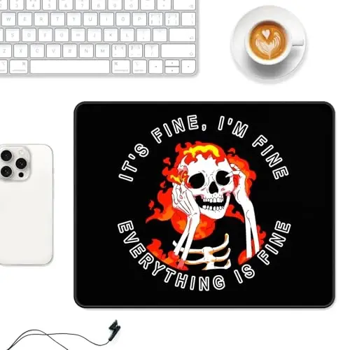 Auhoahsil Mouse Pad, 12 x 10 in Cute Skull Theme Computer Mouse Pad for Desk, Premium-Textured Non-Slip Rubber Stitched Edges Waterproof Square Mouse Mat for Gaming Work Wireless Mice, I am fine - 2