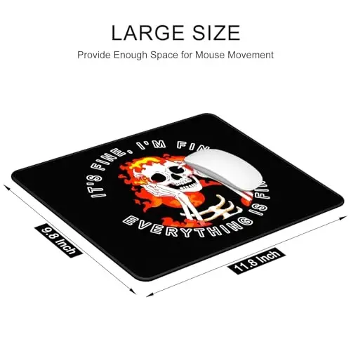 Auhoahsil Mouse Pad, 12 x 10 in Cute Skull Theme Computer Mouse Pad for Desk, Premium-Textured Non-Slip Rubber Stitched Edges Waterproof Square Mouse Mat for Gaming Work Wireless Mice, I am fine - 3