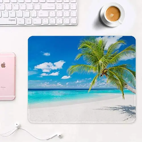 Auhoahsil Mouse Pad, 12 x 10 in Summer Beach Theme Computer Mouse Pad for Desk, Premium-Textured Non-Slip Rubber Stitched Edges Waterproof Square Mouse Mat for Gaming Work Wireless Mice, Blue - 2