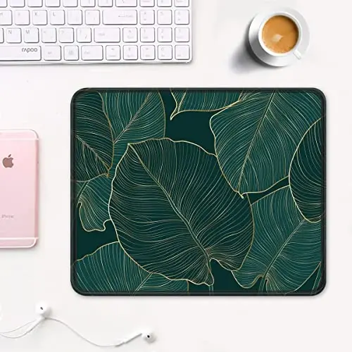 Auhoahsil Mouse Pad, 12 x 10 in Tropics Theme Computer Mouse Pad for Desk, Premium-Textured Non-Slip Rubber Stitched Edges Waterproof Square Mouse Mat for Gaming Work Wireless Mice, Green Leaves - 2