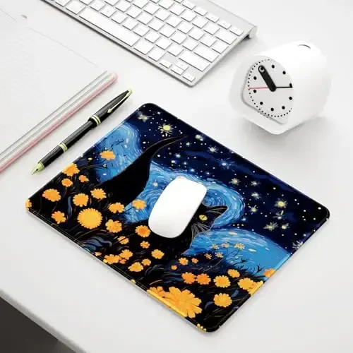 Auhoahsil Mouse Pad, 12 x 10 in Van Gogh Style Cat Theme Computer Mouse Pad for Desk, Premium-Textured Non-Slip Rubber Stitched Edges Waterproof Square Mouse Mat for Gaming Work Wireless Mice - 7