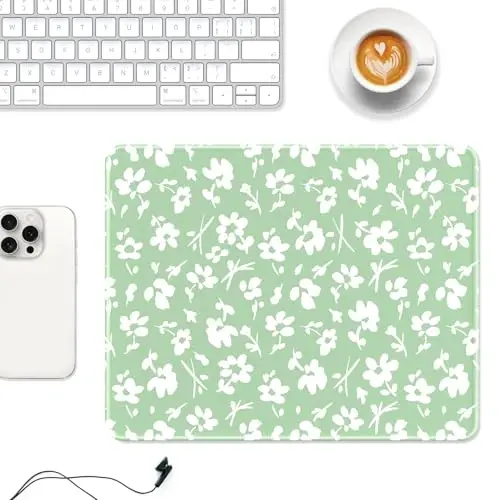 Auhoahsil Mouse Pad, 12 x 10 in Simple Flower Theme Computer Mouse Pad for Desk, Premium-Textured Non-Slip Rubber Stitched Edges Waterproof Square Mouse Mat for Gaming Work Wireless Mice, Green - 2