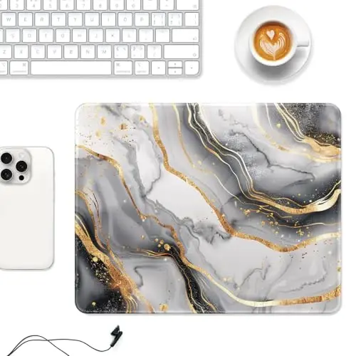 Auhoahsil Mouse Pad, 12 x 10 in Luxury Marble Theme Computer Mouse Pad for Desk, Premium-Textured Non-Slip Rubber Stitched Edges Waterproof Square Mouse Mat for Gaming Work Wireless Mice, Gray Gold - 2