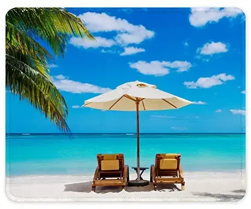 Auhoahsil Mouse Pad, 12 x 10 in Beach Theme Computer Mouse Pad for Desk, Premium-Textured Non-Slip Rubber Stitched Edges Waterproof Square Mouse Mat for Gaming Work Wireless Mice, Blue - 1