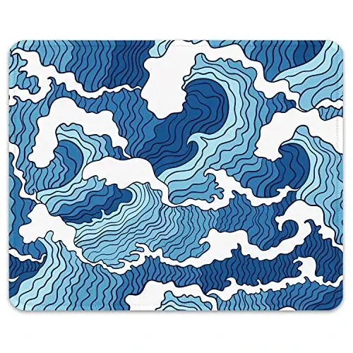 Auhoahsil Mouse Pad, 12 x 10 in Japanese Style Wave Computer Mouse Pad for Desk, Premium-Textured Non-Slip Rubber Stitched Edges Waterproof Square Mouse Mat for Gaming Work Wireless Mice, Blue - 1