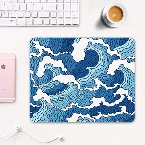 Auhoahsil Mouse Pad, 12 x 10 in Japanese Style Wave Computer Mouse Pad for Desk, Premium-Textured Non-Slip Rubber Stitched Edges Waterproof Square Mouse Mat for Gaming Work Wireless Mice, Blue - 2
