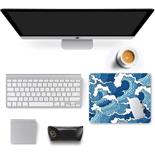 Auhoahsil Mouse Pad, 12 x 10 in Japanese Style Wave Computer Mouse Pad for Desk, Premium-Textured Non-Slip Rubber Stitched Edges Waterproof Square Mouse Mat for Gaming Work Wireless Mice, Blue - 3
