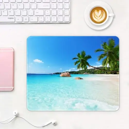 Auhoahsil Mouse Pad, Square Beach Style Anti-Slip Rubber Mousepad with Stitched Edges for Gaming Office Laptop Computer Men Women Kids, Cute Custom Pattern Mouse Mat, Beach and Coconut Trees Design 
