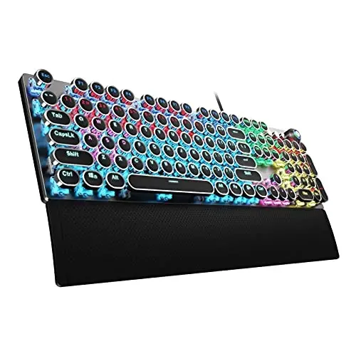 AULA F2088 Typewriter Style Mechanical Gaming Keyboard Wired,Blue Switches,Rainbow LED Backlit,Removable Wrist Rest,Media Control Knob,Retro Punk Round Keycaps,USB Wired Computer Keyboard - 1