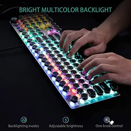 AULA F2088 Typewriter Style Mechanical Gaming Keyboard Blue Switches,Rainbow LED Backlit,Removable Wrist Rest,Media Control Knob,Retro Punk Round Keycaps,USB Wired Computer Keyboard - 2