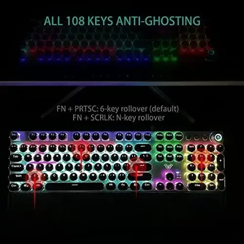 AULA F2088 Typewriter Style Mechanical Gaming Keyboard Blue Switches,Rainbow LED Backlit,Removable Wrist Rest,Media Control Knob,Retro Punk Round Keycaps,USB Wired Computer Keyboard - 6