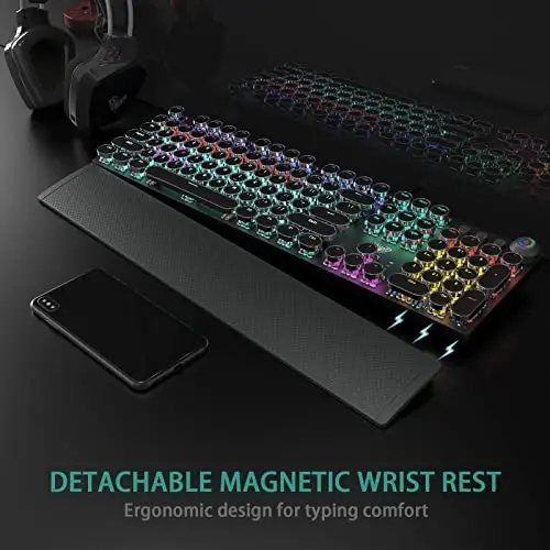 AULA F2088 Typewriter Style Mechanical Gaming Keyboard Blue Switches,Rainbow LED Backlit,Removable Wrist Rest,Media Control Knob,Retro Punk Round Keycaps,USB Wired Computer Keyboard - 4