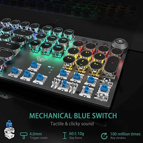 AULA F2088 Typewriter Style Mechanical Gaming Keyboard Blue Switches,Rainbow LED Backlit,Removable Wrist Rest,Media Control Knob,Retro Punk Round Keycaps,USB Wired Computer Keyboard - 5