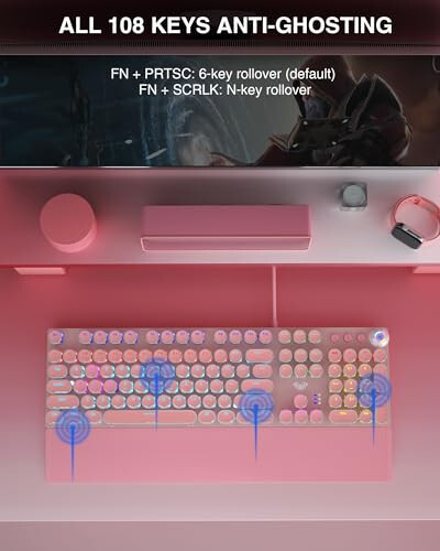 AULA F2088 Typewriter Style Mechanical Gaming Keyboard,Rainbow LED Backlit,Removable Wrist Rest,Media Control Knob,Retro Punk Round Keycaps,USB Wired Computer Keyboard,Pink - 6